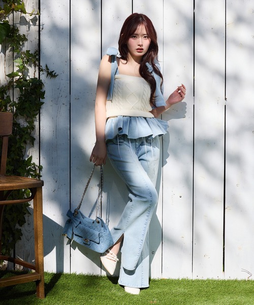 リボンディテール付きデニムパンツ 38 one after another NICE CLAUP ジーンズ デニム デニムパンツ 「Denim