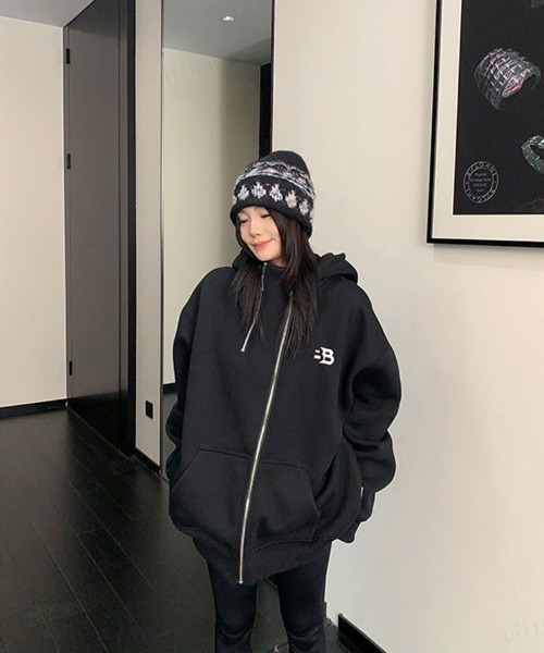 パーカー 韓国ファッション BB刺繍ロゴファスナーデザインジップアップ 