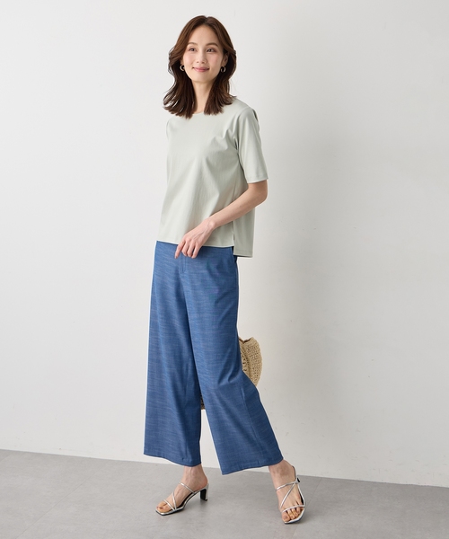 パンツ デニムライクストレッチワイドパンツ「後ろウエストゴム」 レディースの画像