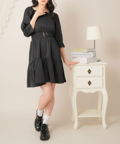 ストーン付きスタンダード向きワンピース❤️後ろファスナーで練習も楽々 Newlyme ワンピース 「選べる丈」2WAYスクエアネックティアード