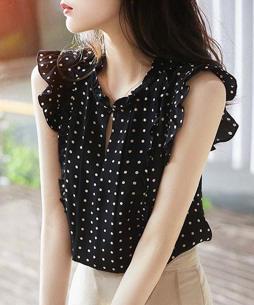 ブラウス シャツ Vネックフリルシフォン涼感トップス レディース