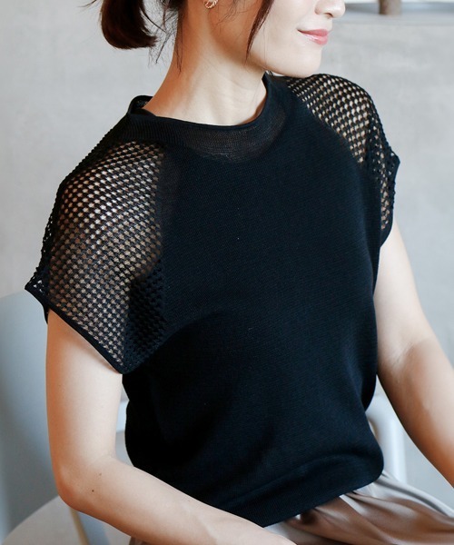 ニット セーター 透け感がオトナ新ニットTシャツ肩メッシュトップス レディース