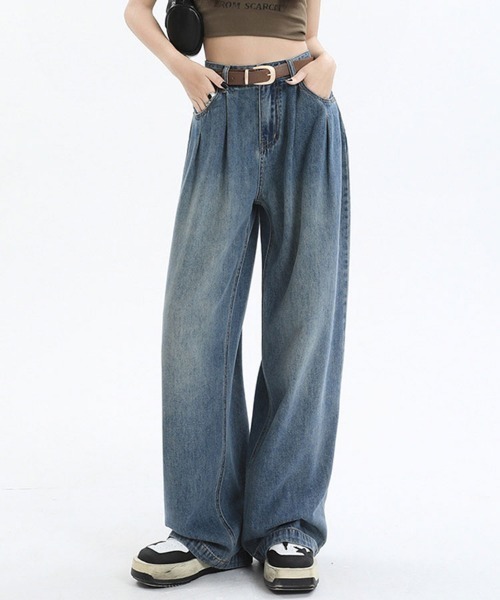 ◎45R【洗える】ヴィンテージ ウォッシュ加工 デニム パンツ 受注制【Chikashitsu +】vintage wash semi wide denim pants