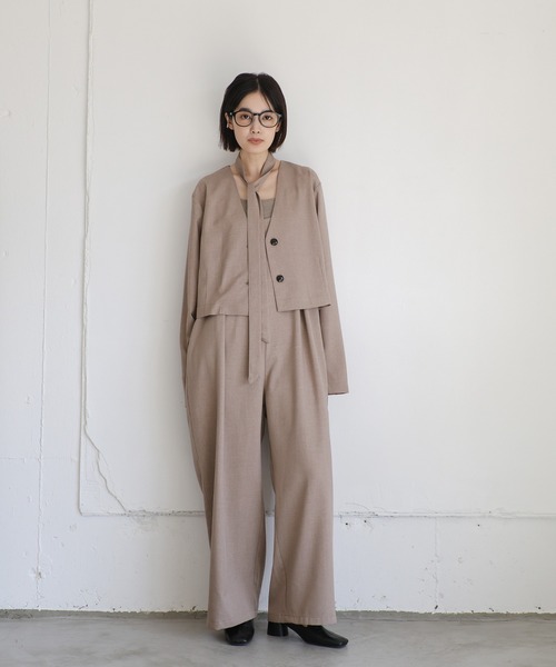 select moca【美品】 ベージュ オーバーサイズ ノーカラー セット select MOCA セットアップ ノーカラールーズベストセットアップ