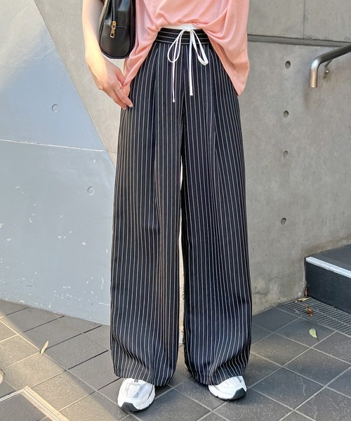 スラックス パンツ 「新色追加」レイヤード風ストライプパンツ