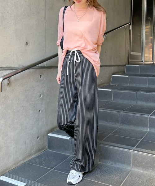 スラックス パンツ 「新色追加」レイヤード風ストライプパンツ