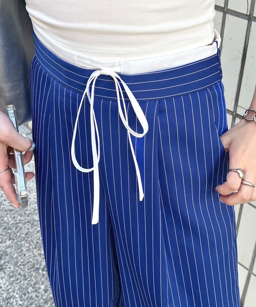スラックス パンツ 「新色追加」レイヤード風ストライプパンツ