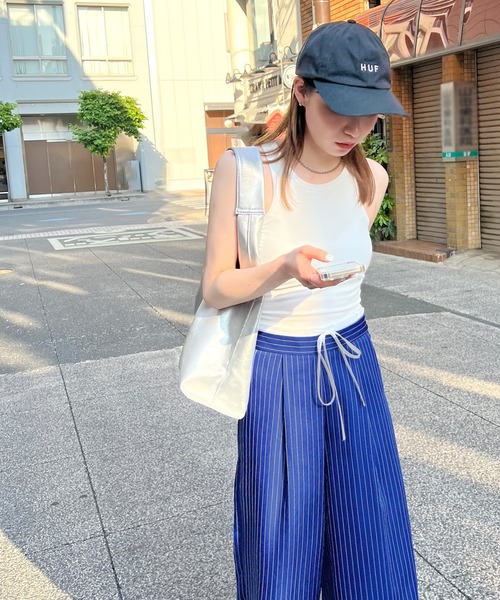 スラックス パンツ 「新色追加」レイヤード風ストライプパンツ