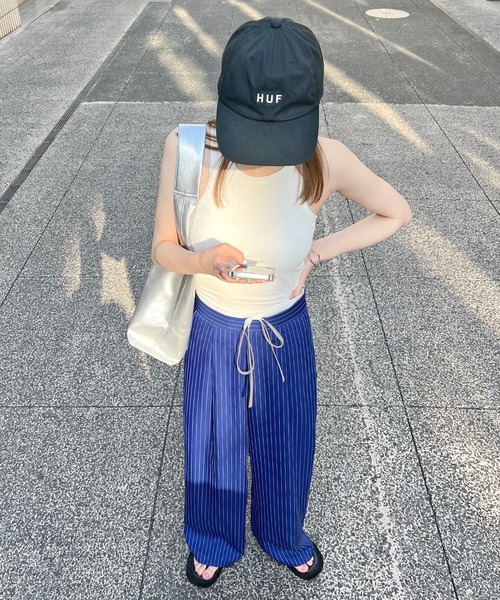 90s ストライプスラックス 黒 ストレート スラックス パンツ 「新色追加」レイヤード風ストライプパンツ