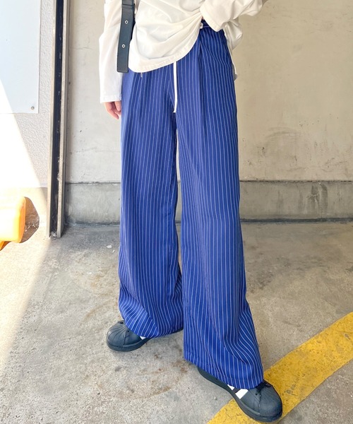 スラックス パンツ 「新色追加」レイヤード風ストライプパンツ