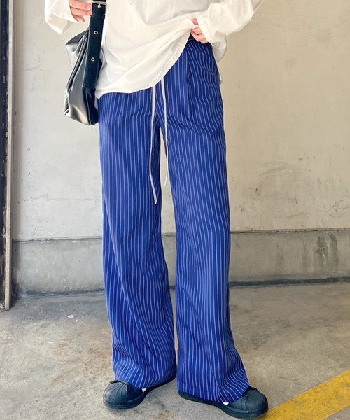 ストライプ ルーズ フレアパンツ リラックスパンツ 4色 hr6737 スラックス パンツ 「新色追加」レイヤード風ストライプパンツ