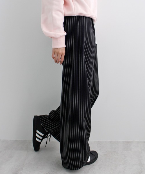 スラックス パンツ 「新色追加」レイヤード風ストライプパンツ