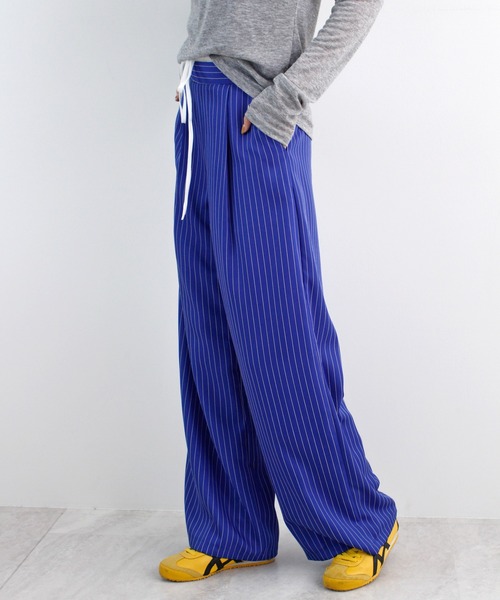 スラックス パンツ 「新色追加」レイヤード風ストライプパンツ