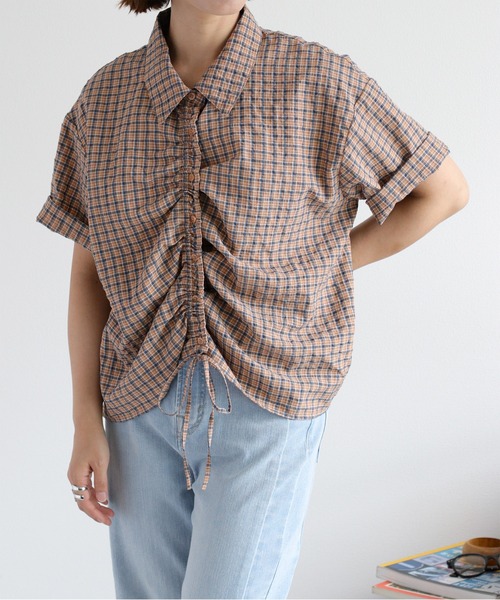 ブラウス シャツ ドロスト仕様 フロントシャーリングチェックシャツ レディース