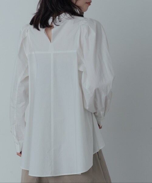美品【SHIPS】異素材 コンビ タイプライター ボリューム ブラウス 繊細 