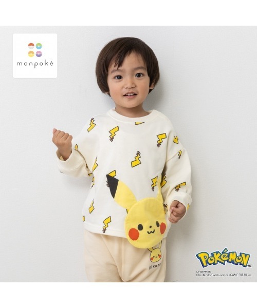 モンポケ　100 トレーナー　キッズ トレーナー monpoke モンポケ 総柄 はみだしアップリケ ピカチュウ
