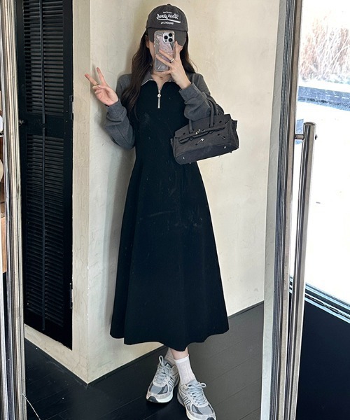 Aelina ワンピース パッチワーク配色長袖ワンピース : ZOZOTOWN Yahoo
