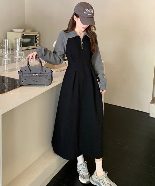 Aelina ワンピース パッチワーク配色長袖ワンピース : ZOZOTOWN Yahoo