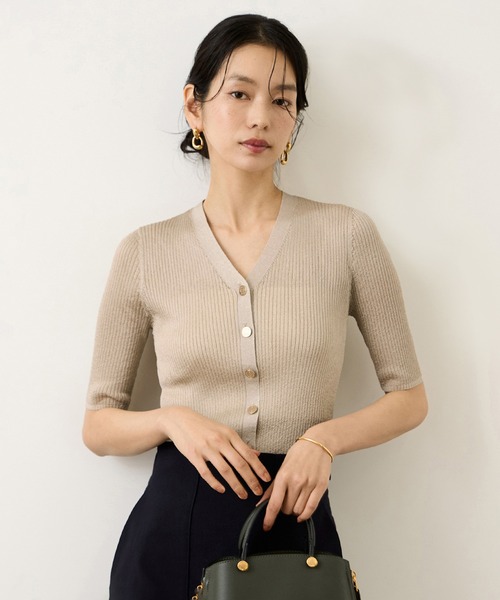 ROPE シアーラメワイドリブ5分袖カーディガン 8/15限定値下げ価格 ROPE'（ロペ） カーディガン シアーラメワイドリブ5分袖カーディガン