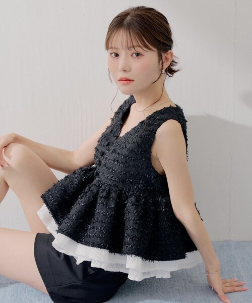 SALON by Chico ペプラムフリルツイードトップス Chico（チコ） ブラウス シャツ 「SALON by Chico」ペプラムフリル