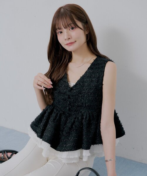 レディース ＜ASTRAET＞ペプラム フリルカラー ノースリーブブラウス