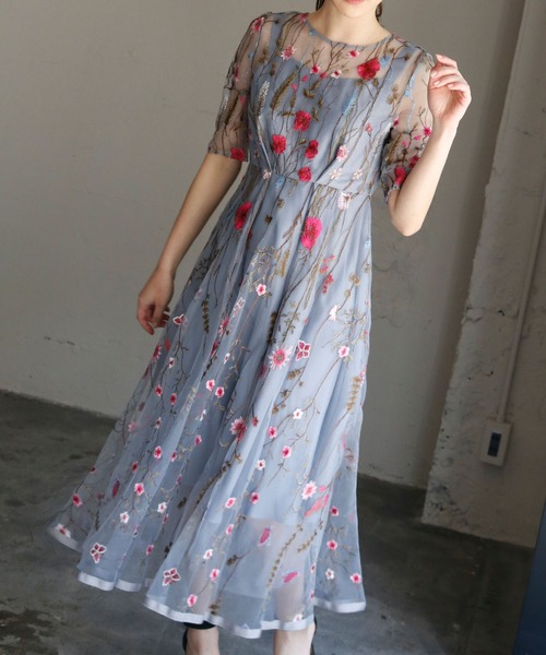 オープニング大放出セール ドレス ヴィンテージ風フラワー刺繍レースミモレ丈フレア結婚式ワンピース 二次会 成人式 同窓会 謝恩会 お呼ばれ対応フォーマルパーティードレス 最高の Nicmosul Org