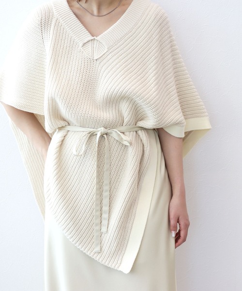 【美品】イッセイミヤケ ニットポンチョ バイカラー ライン　スクエア DRESSLAVE ワンピース knit poncho×satin layered dress(バイ