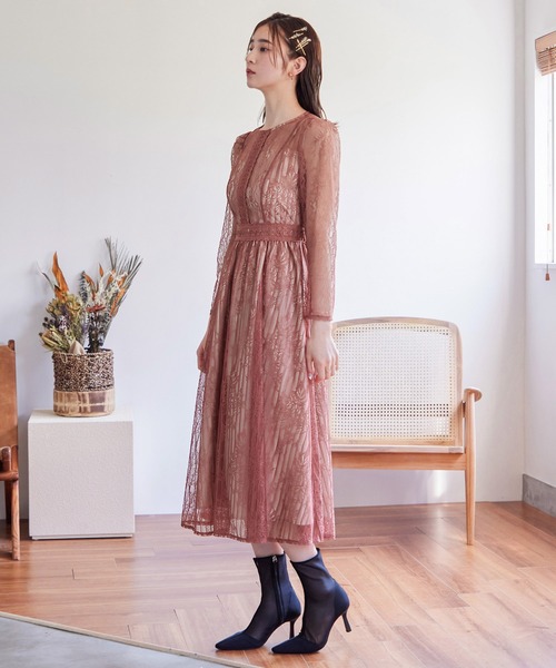 ストライプレースドレス　お呼ばれドレス niana ドレス ストライプフラワー総レースドレス : ZOZOTOWN