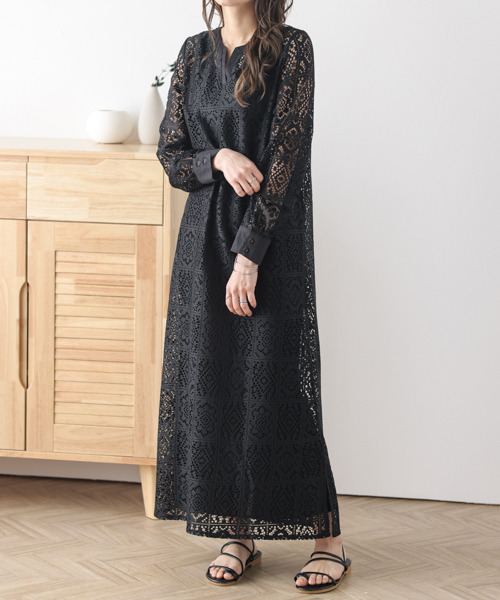 ワンピース Erme American sleeve lace onepiece black La-gemme（ラジェム） ワンピース 2way透かし編みワンピース