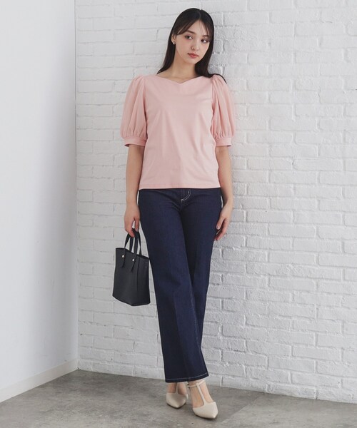 tシャツ 「WEB限定」シアー切替スリーブカットソー レディース index tシャツ シアースリーブハートネックトップス「洗濯機洗い