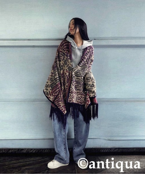 antiqua（アンティカ） ニット セーター 和模様ストールポンチョ