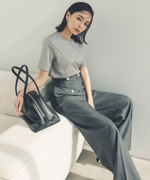 アニュアンス anuans ギャザーパンツ ワイドパンツ グレー ストライプ