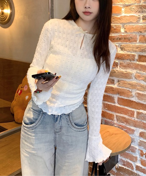 tシャツ スキッパーリボンネック袖フレアトップス レディース