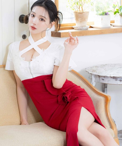 値下 新品 Tika フラワーレース バストジップ 半袖 キャバ ミニドレス Tika キャバドレス ジップ レース xl xxl ファスナー シースルー