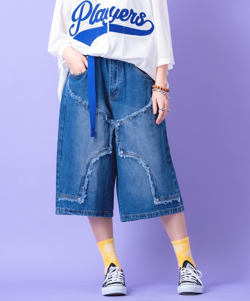 ハーフパンツ ジーンズ a.p.o.v. クラッシュフリンジ変形ダブルニー