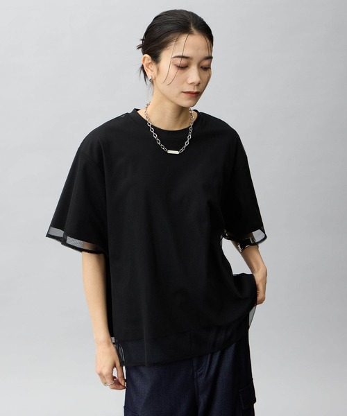 【えりんこ】袖ボリュームチュールＴシャツ ブラック 黒 Sサイズ ONE'S TRUE tシャツ 「2025年春夏」チュール切り替えTシャツ