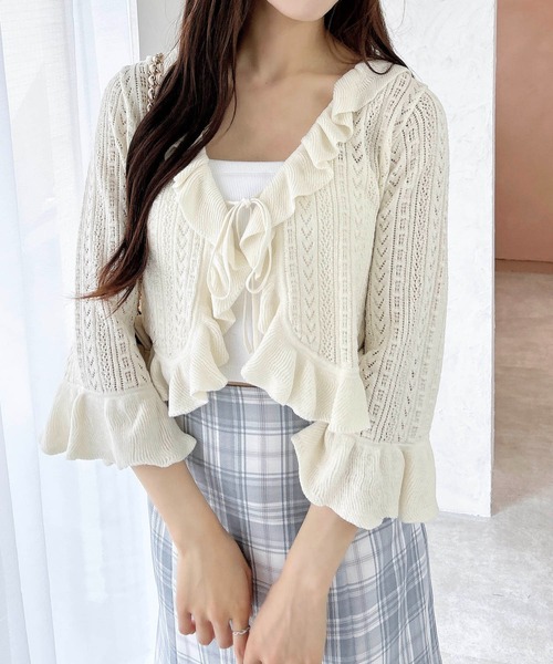 カーディガン Eglantine フリルカーディガン レディース ElegChic カーディガン 2Wayメッシュニットカーディガン