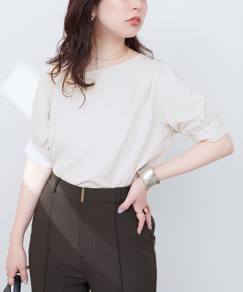 natural couture ブラウス シャツ アシメネック金釦装飾ブラウス