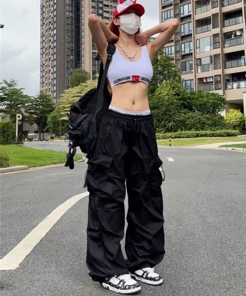 nonomi ワイドパンツ カーゴパンツ 裾ドロスト付き ナイロンライク