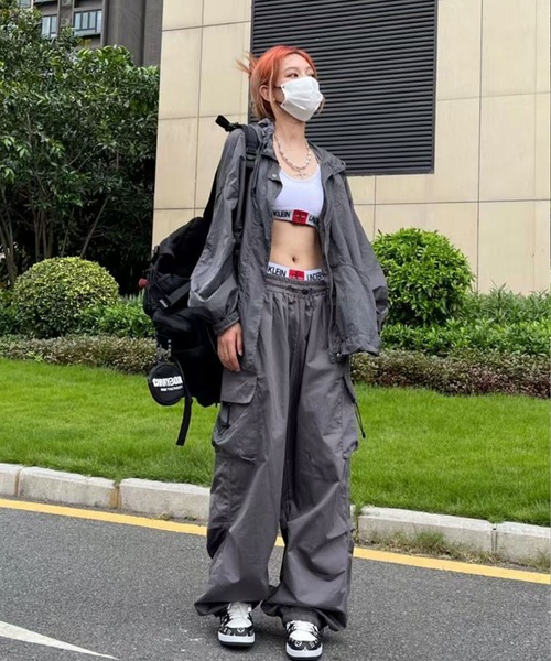 nonomi ワイドパンツ カーゴパンツ 裾ドロスト付き ナイロンライク