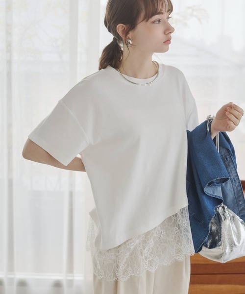 ANGIE tシャツ 半袖 裾レース ドッキング Tシャツ / 半袖 / 夏服