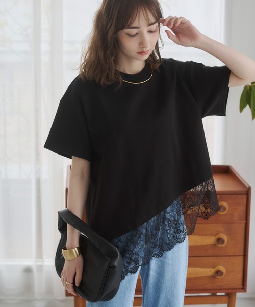 ANGIE tシャツ 半袖 裾レース ドッキング Tシャツ / 半袖 / 夏服