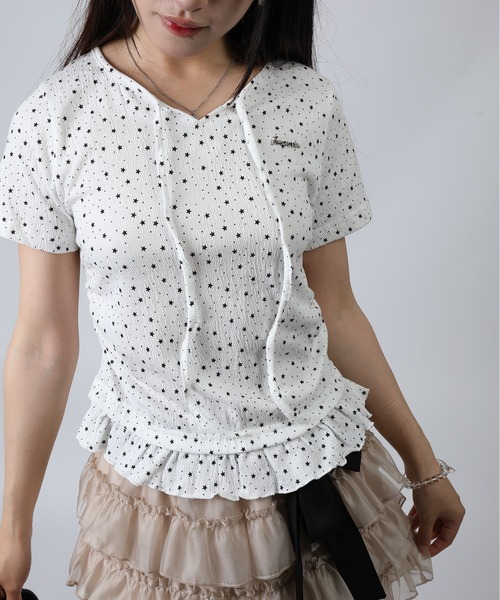 総刺し子　フリルスリーブ　半袖tシャツ　ペプラムトップス tシャツ 半袖 HOOK for girls 星柄フロントリボンペプラム半袖トップス