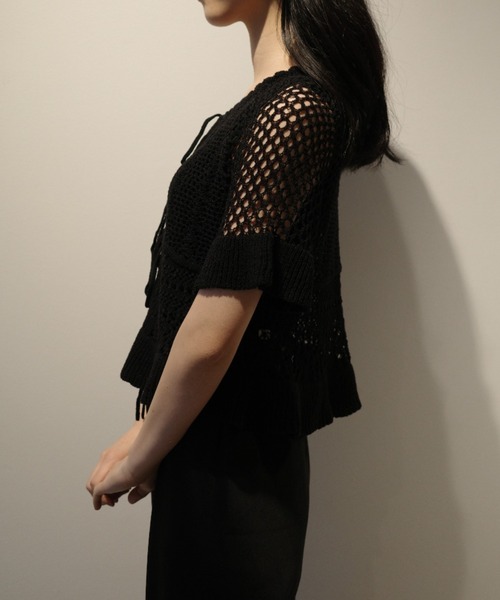 CLANE ブラック 半袖ニット CLANE（クラネ） ニット セーター CLANE W FACE RIBBON CROCHET KNIT