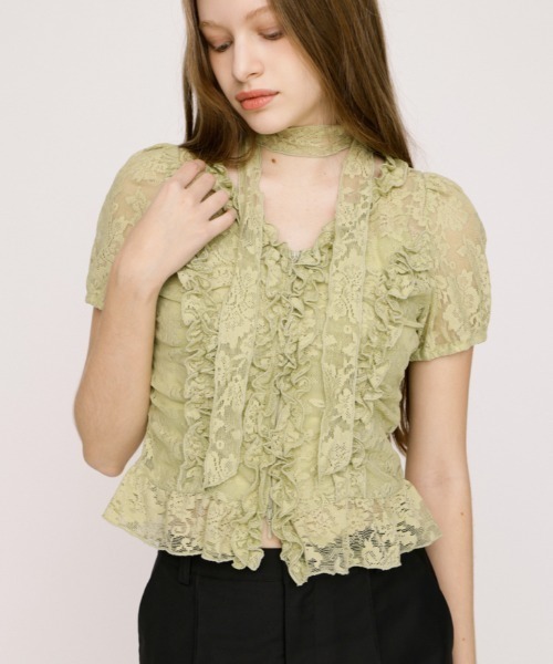 SLY（スライ） ブラウス シャツ FRILL LACE ZIP UP TOPS フリルレース