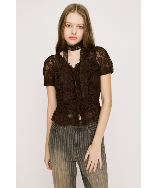 SLY（スライ） ブラウス シャツ FRILL LACE ZIP UP TOPS フリルレース