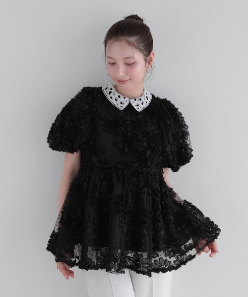【完売品】fitmoreフラワーモチーフドットチュールペプラムトップス Fit more（フィットモア） フラワーモチーフドットチュールペプラム
