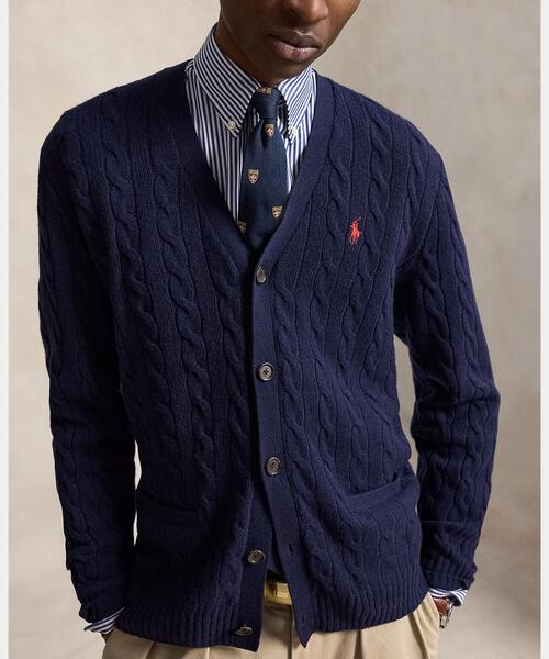 ポロラルフローレン カシミヤ混ケーブルニットカーディガン ネイビー ホースロゴ POLO RALPH LAUREN（ポロ・ラルフローレン） ラルフローレン
