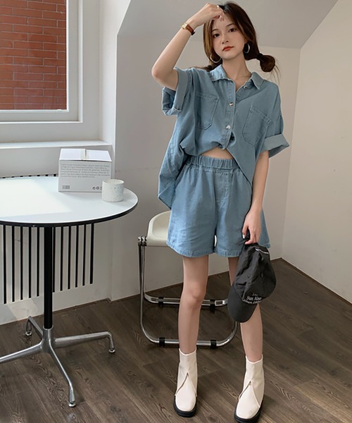 セットアップ デニム シアートップス+ショートパンツ 韓国 t991 デニムジップアップショートパンツ | レディースファッション