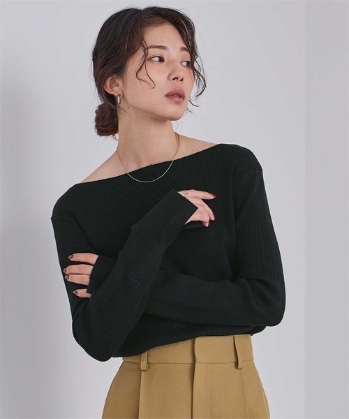 美品 ノーブル 美人ニット リブニット ネイビー ボートネック フレアスリーブ ur's（ユアーズ） ニット セーター ボートネックスリットスリーブ